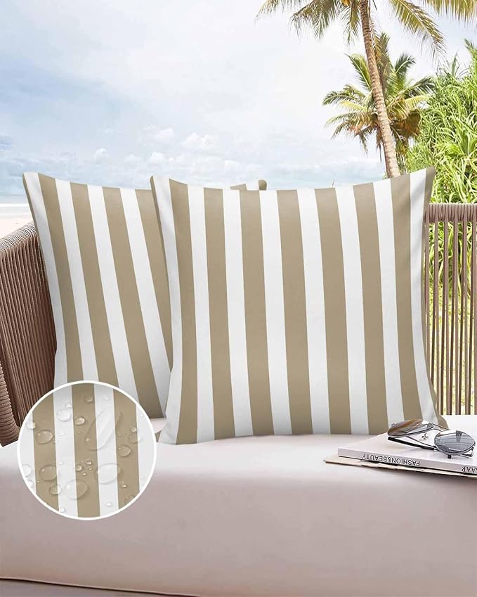 Outdoor Waterproof Throw Pillow Covers 24x24in, Geometric Line Cushions for Garden Patio Furniture Chairs Set of 2, Khaki White Home Decor Couch Sofa Polyester Pillow Cases