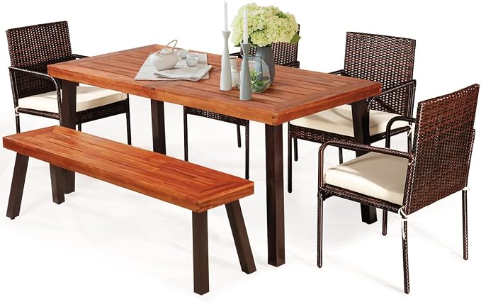Tangkula 6 Piece Acacia Wood Patio Dining Set, Patiojoy Outdoor Wicker Furniture Set w/Bench, 4 Cushioned Rattan Chairs & Wood Table with Umbrella Hole, Ideal for Backyard Garden Porch