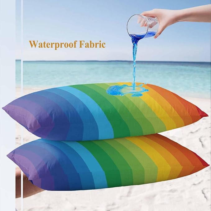Outdoor Waterproof Throw Pillow Covers Set of 2 Rainbow Stripes Lumbar Pillowcases 20x12 Inches Colorful Lines Striped Decorative Pillows Cushion Case Patio Pillows for Couch Bed Chair Garden