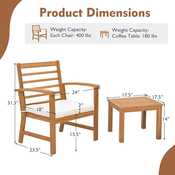 Tangkula 3 Pieces Outdoor Furniture Set, Acacia Wood Conversation Set with Soft Seat Cushions, Stable Acacia Wood Frame, Patio Sofa & Coffee Table Set for Backyard, Porch, Poolside (White)