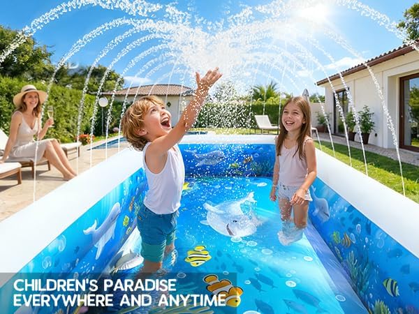 2026 Inflatable Pool with Sprinkler,Durable Blow up Pool with Big Backrest, Rectangle Kid Pool Backyard,Children Swimming Pool,Small Inflatable Kiddie Pool,Outdoor Water Pool for Kid68×38×22IN
