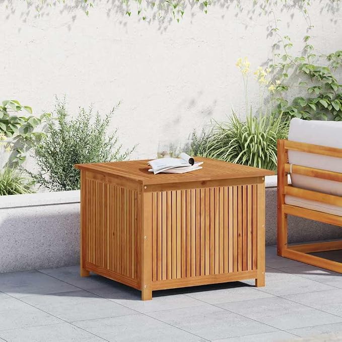 Patio Storage Box, Outdoor Deck Bin 29.5x29.5x22.8 inch, Solid Acacia Wood Container for Garden Cushions, Pillows, Tools, Brown