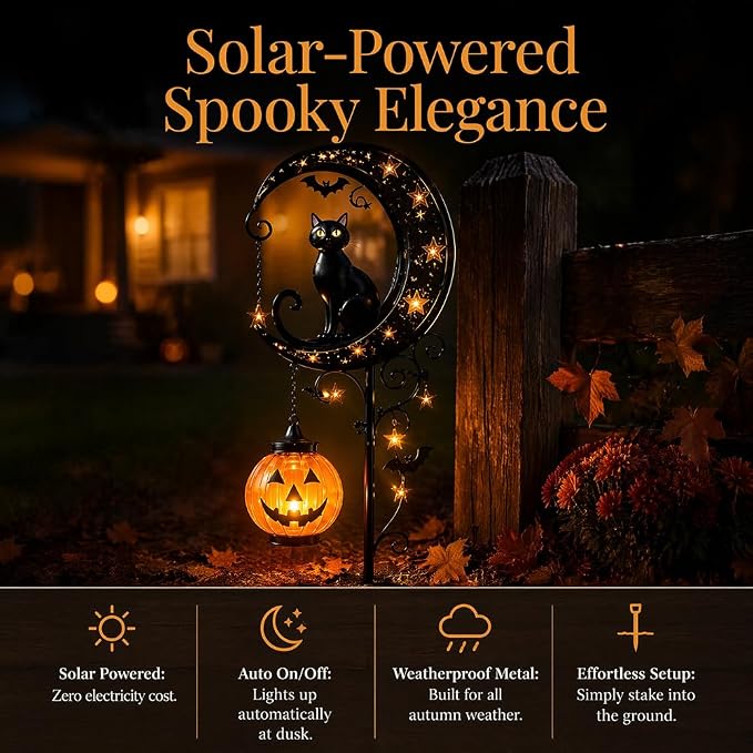 Solar Halloween Black Cat & Pumpkin Moon Garden Stake Light, Outdoor Waterproof LED Yard Decoration with Crescent Moon, Hanging Jack-o'-Lantern Lantern for Garden, Patio, Walkway, Porch (Style A B)