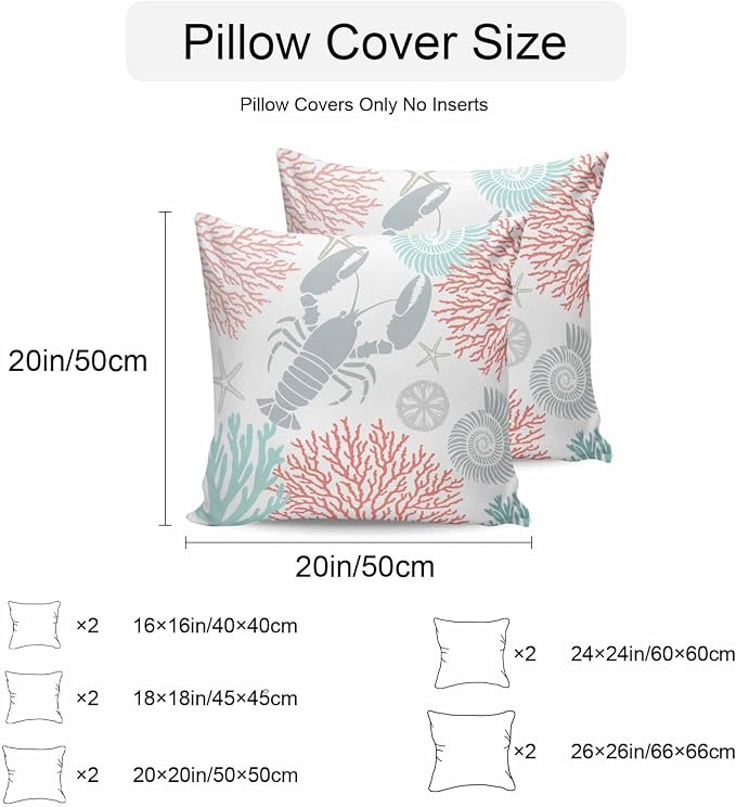 Teal Red Coastal Waterproof Outdoor Pillow Covers Set of 2 Home Decor Summer Lobster Coral Nautical Pillowcase Patio Pillow Covers for Couch Bench Patio Furniture Garden 16x16in