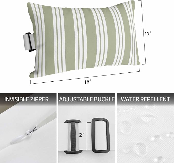 2PCS Outdoor Pillow for Chaise Lounge Chair Sage Green Stripes Country Waterproof Headrest Cushion with Insert Abstract Watercolor Art Adjustable Lumbar Pillow for Beach Patio Poolside Office,11x16in