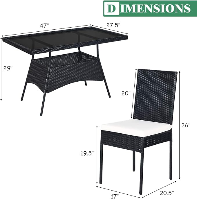 5 Pieces Patio Wicker Dining Set Outdoor Furniture, Outdoor Rattan Table and Chairs with Tempered Glass Table-top & Padded Cushions, Patio Furniture Sets for Backyard, Balcony (Black)