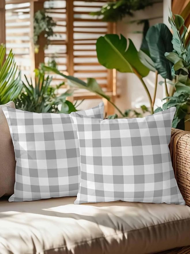 Waterproof Outdoor Pillow Set of 2 Grey Buffalo Plaid Decorative Throw Pillows Cover & Insert 18x18 Inch Pillowcase Check Lines Square Pillows for Couch Sofa Bed Patio Furniture Indoor Outdoor