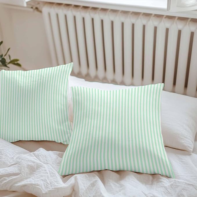 Throw Pillow Covers 16x16 Inch Set of 2, Green White Stripe Waterproof Outdoor Cushion Covers, Modern Minimalist Geometric Striped Decorative Pillowcases for Couch, Sofa, Bed, Garden, Patio