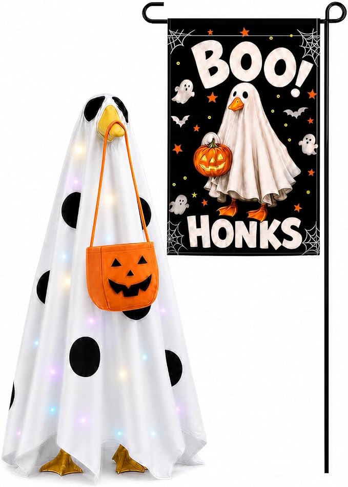 Halloween Porch Goose Outfits, 23 Inch Light Up Ghost Costume & Flag | Ghost porch goose halloween outfit for cement goose. LED ghost clothes with pumpkin bag & flag, gift for mom, grandma.