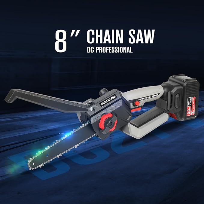 8 Inch Mini Chainsaw Cordless, 1150W 5000RPM Brushless Handheld Electric Chain Saw with Chain Guide Plate 2x3.0A Batteries and Other 6 Accessories, for Tree Branch Wood Cutting, Garden Tools Gift