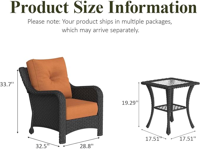 LayinSun 3 Piece Wicker Outdoor Furniture Set with 6-inch Comfy Cushions, High Back Patio Furniture Set with Rattan Armchairs and Side Table