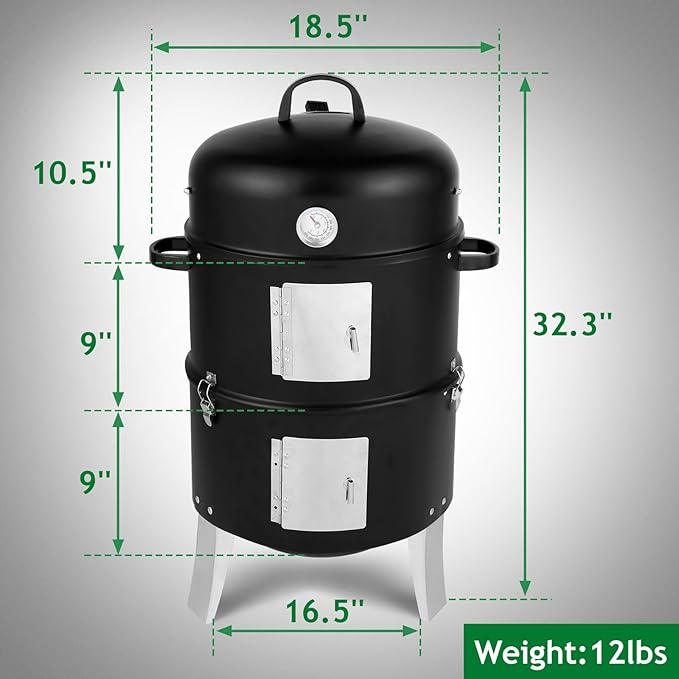 VINGLI 3-in-1 Vertical Charcoal Grill, 18.5'' Round Charcoal Smoker with Built-in Thermometer, Air Vent and 2 Access Doors, Perfect for Outdoor Cooking, Camping, Picnics, BBQs, and Tailgating Parties