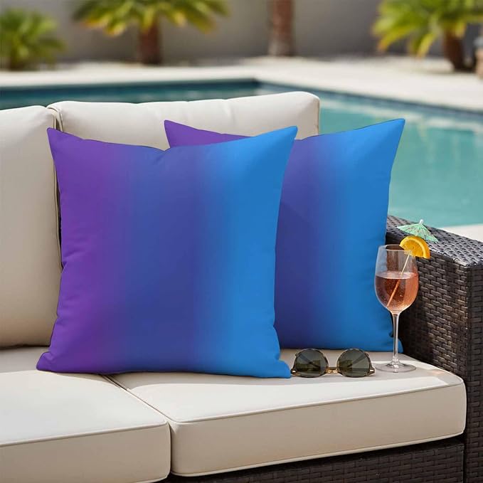 Purple Blue Ombre Outdoor Pillow Covers Waterproof, All Weather Cushion Case Set of 2, Modern Color Gradient Striped Decorative Pillowcases for Sofa Couch Bed Decor Patio Furniture 20"x20"