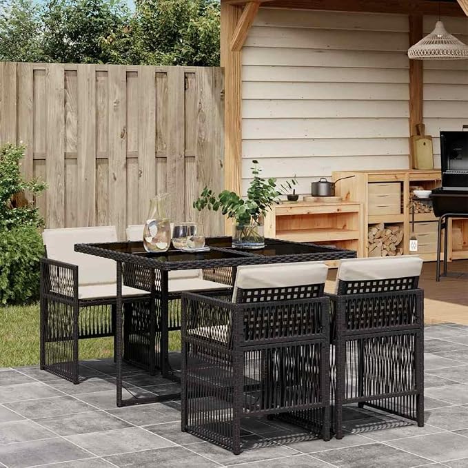 5 Piece Patio Dining Set with Cushions Black Poly Rattan Outdoor Table and 4 Chairs Foldable Space-Saving Seating Tempered Glass Top for Garden Backyard Poolside Dining Weather-Resistant Furniture