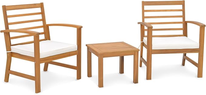 Tangkula 3 Pieces Outdoor Furniture Set, Acacia Wood Conversation Set with Soft Seat Cushions, Stable Acacia Wood Frame, Patio Sofa & Coffee Table Set for Backyard, Porch, Poolside (White)