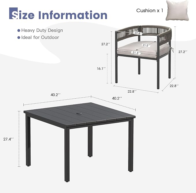 VICLLAX Patio Dining Set, 40.2" Black Table & 4 Chairs with Wheat Cushion | Outdoor Table and Chairs Set of Square Metal Patio Table, Outdoor Dining Chairs with Metal Frame, Garden Deck Porch