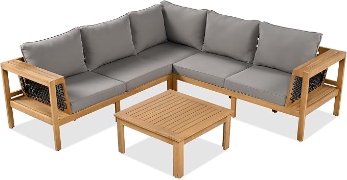 Merax Outdoor Patio Furniture Set 5 Seats, L-Shaped Outdoor Sectional Corner Sofa Set, Acacia Wood Conversation Sets with Washable Cushions & Coffee Table, Patio Furniture for Backyard, Porch, Grey