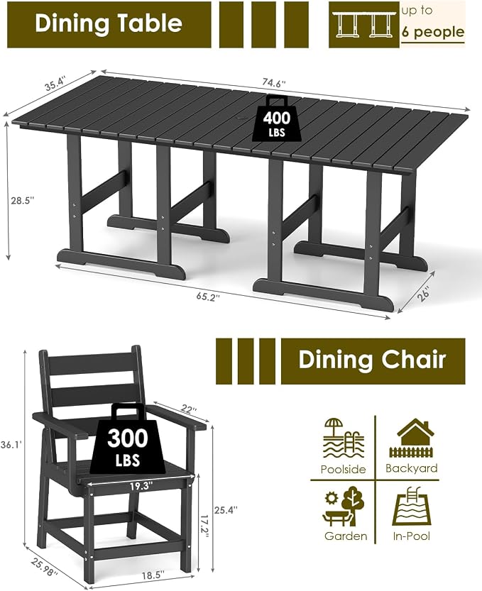 GREENVINES 5-Piece-Outdoor-Table-and-Chairs | HDPE | Patio Furniture | Slatted Dining Sets for 4 | Removable Armrests | Connectable Tables | All Weather | for Backyard Poolside Garden | Black