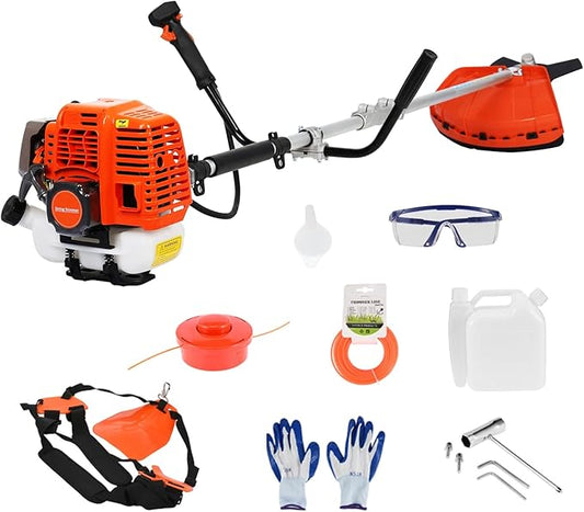 52cc Gas String Trimmer,2 in 1 Cordless Hedge Trimmer 2-Stroke Weed Wacker Gas Powered Brush Cutter,Handheld Weed Eater,Handle & Shoulder Strap for Lawn Garden Pruning/Trimming Orange