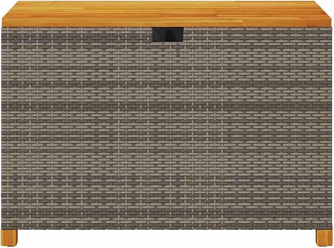 Outdoor Storage Bench with Acacia Wood Top 43.3 Inch Waterproof Garden Box for Patio Furniture Cushions, PE Rattan Weather-Resistant Deck Box with Gas Spring Lid, Gray Brown