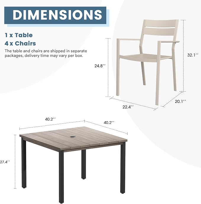 DIFY 5 Pieces Outdoor Patio Dining Set for 4, 40.2" Grey Wood-Like Square Metal Dining Table and 4 Sandshell Metal Stackable Dining Chairs, Outdoor Table and Chairs for Lawn Garden Poolside