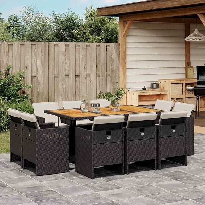 11 Piece Garden Dining Set, 10 Person Outdoor Patio Furniture with Solid Acacia Wood Tabletop and Steel Frame, Poly Rattan Dining Table and Chairs with Washable Cushions for Backyard