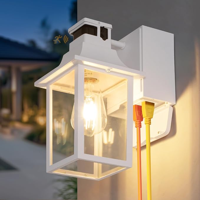 White Porch Light with GFCI Outlet & Motion Sensor,Dusk to Dawn Porch Light | 3 Lighting Modes Outdoor Wall Lights, Waterproof Aluminum Exterior Light Fixture for Front Door, Garage, Patio(1-Pack)