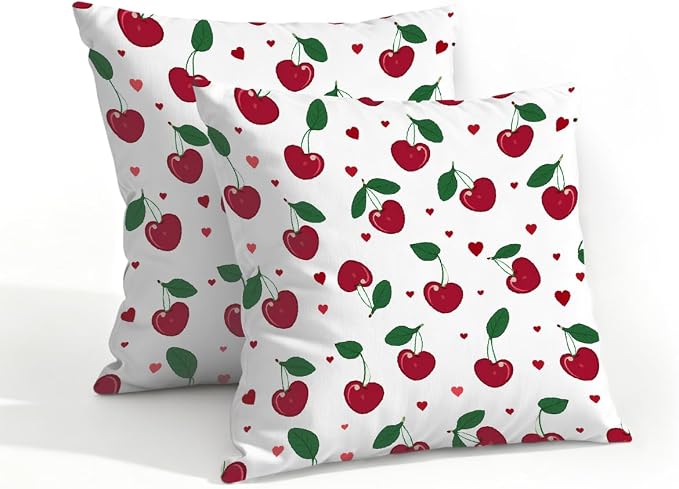 18x18 Inch Outdoor Pillow Covers Set of 2 Waterproof Throw Pillow Covers Decorative Couch Cushion Covers Cherry Leaf Fruit Square Pillowcases Protectors for Patio Garden Sofa