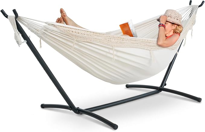 Lazy Daze Hammocks 9FT Double Hammock with Sturdy Steel Stand and Durable Fabric, Camping Lace Hammocks Include Portable Carrying Case, 450 LBS Capacity