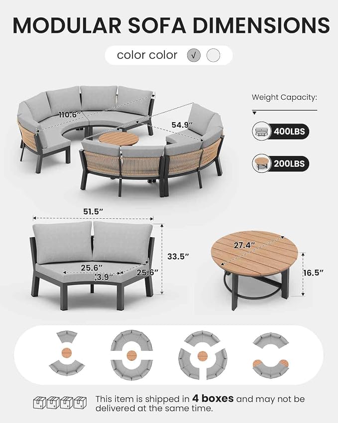 Half Moon Patio Furniture Set, Aluminum Curved Patio Conversation Sets, Luxury Outdoor Sectional Sofa with PE Rope, All-Weather 4 Pcs Outdoor Couch with Modular Coffee Table & Cushions, Gray