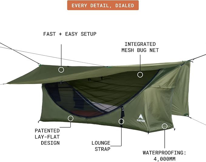 Haven Tents Lay Flat Hammock Tent - Waterproof Camping Hammock with Mosquito Net, Insulated Pad and Rainfly - Haven Tent, Haven XL, Haven Safari