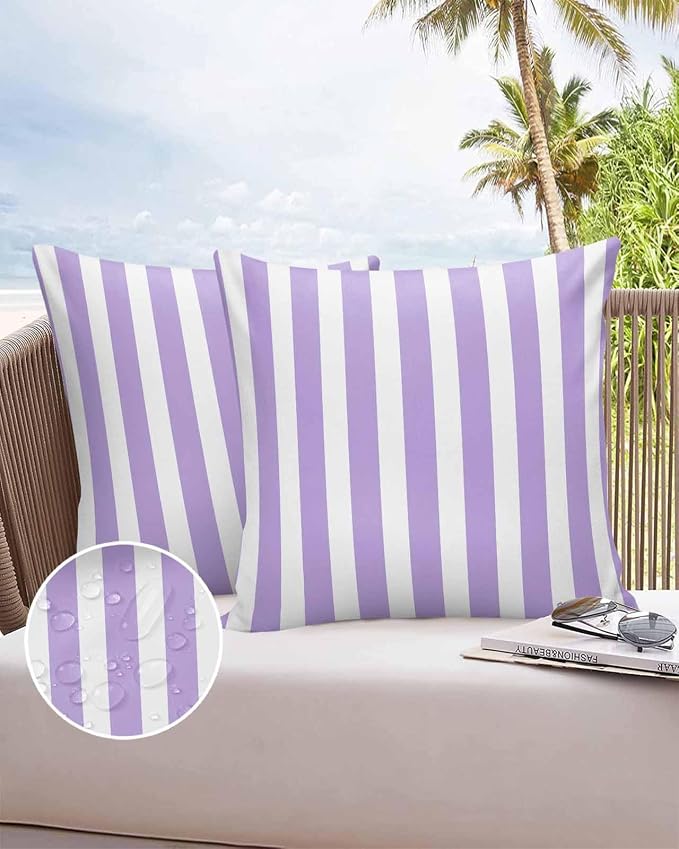 Outdoor Waterproof Throw Pillow Covers 24x24in, Purple Striped Cushions for Garden Patio Furniture Chairs Set of 2, Modern Art Striped Home Decor Couch Sofa Polyester Pillow Cases