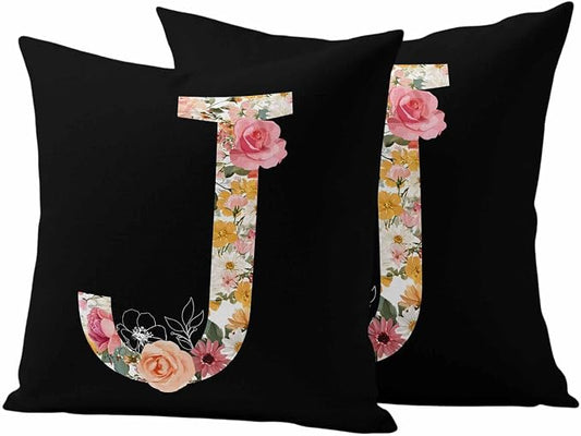 Black Letter J Flower Outdoor Pillow Covers Set of 2 Watercolor Alphabet J Pink Beige Floral Leaf Waterproof Throw Pillow Cover Decorative Cushion Cases for Patio Porch Garden 26X26 Inch