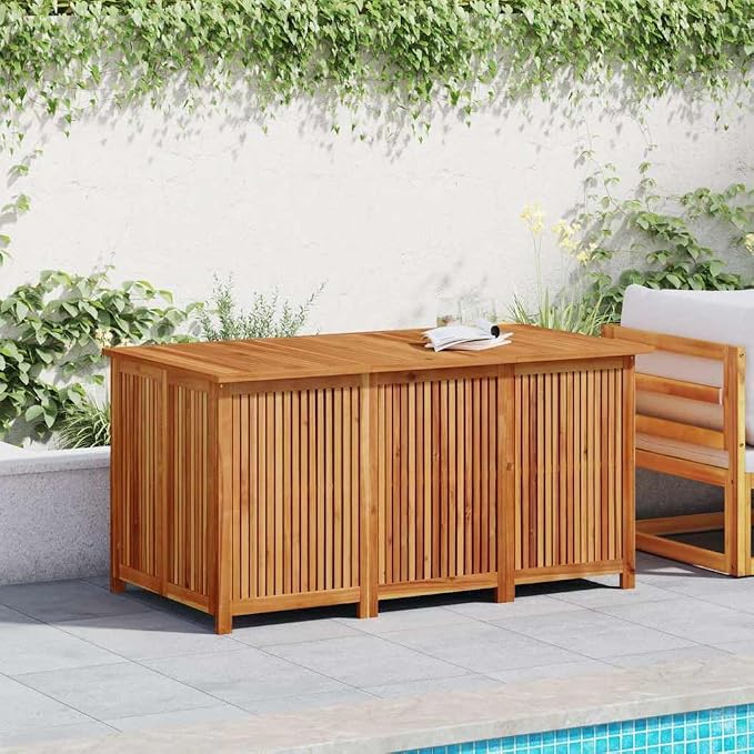 Large Outdoor Garden Storage Box, Solid Acacia Wood Deck Chest with Water-Resistant PE Liner, Decorative Patio Furniture for Cushions and Gardening Tools