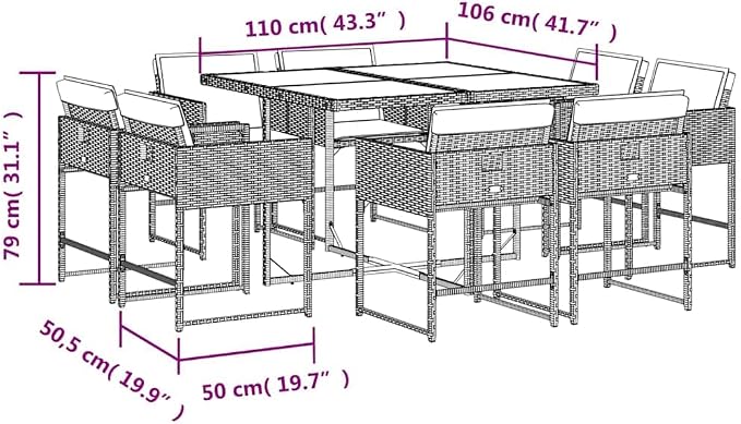 9 Piece Brown Patio Dining Set with Cushions Poly Rattan Outdoor Table and 8 Chairs Space-Saving Folding Backrest Tempered Glass Top for Garden Backyard Relaxation