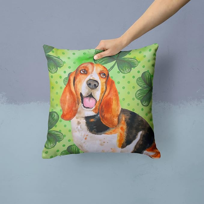 Caroline's Treasures BB9878PW1414 Basset Hound St Patrick's Fabric Decorative Pillow, Green Machine Washable, Indoor Outdoor Decorative Pillow for Couch, Bed or Patio, 14Hx14W