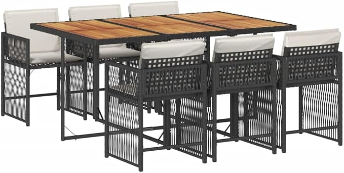 7 Piece Outdoor Dining Set, Acacia Wood and Poly Rattan Patio Furniture with 6 Comfortable Chairs, Foldable Garden Dining Table for Backyard Balcony