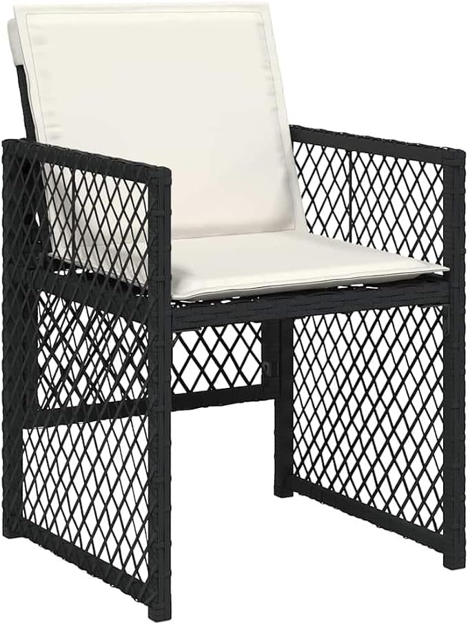 7-Piece Garden Dining Set with Cream White Cushions, Black Poly Rattan Medium Foldable Chairs, Tempered Glass Table for Outdoor Patio