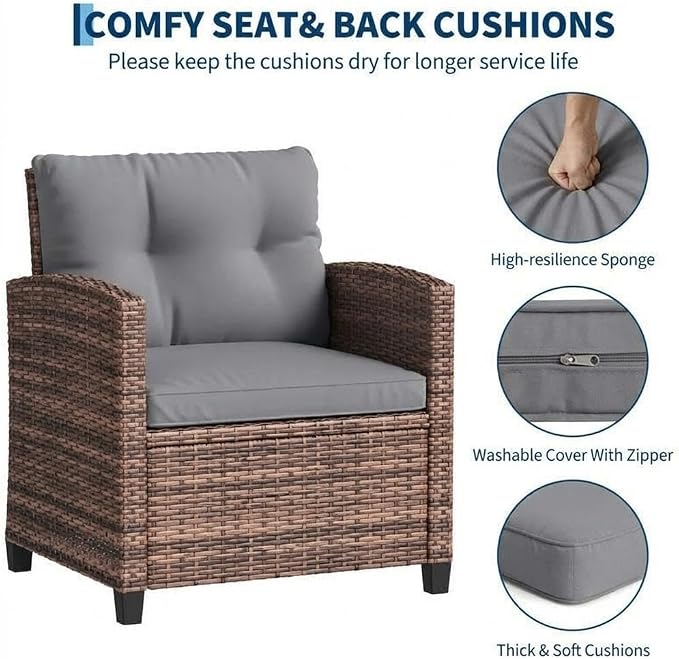 Garvee 3 Piece PE Rattan Patio Furniture Set, Outdoor Chairs and Table Set with Tempered Glass Tabletop and Cushions, Patio Conversation Set for Patio, Balcony, Poolside, Brown and Grey