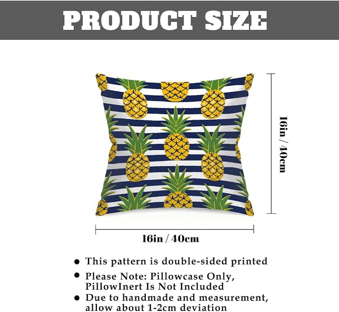 16x16 Inch Outdoor Pillow Covers Set of 2 Waterproof Throw Pillow Covers Decorative Couch Cushion Covers Pineapples Black Stripes Square Pillowcases Protectors for Patio Garden Sofa