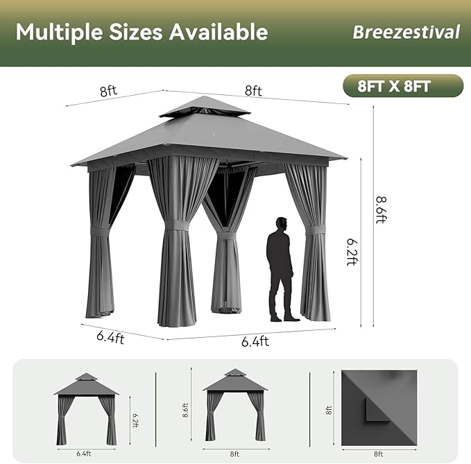 8'x8' Gazebo, Outdoor Gazebo Metal Frame Canopy with Double Roofs, Heavy Duty Patio Tent Shelter with Mosquito Netting and Privacy Screen for Backyard, Grey