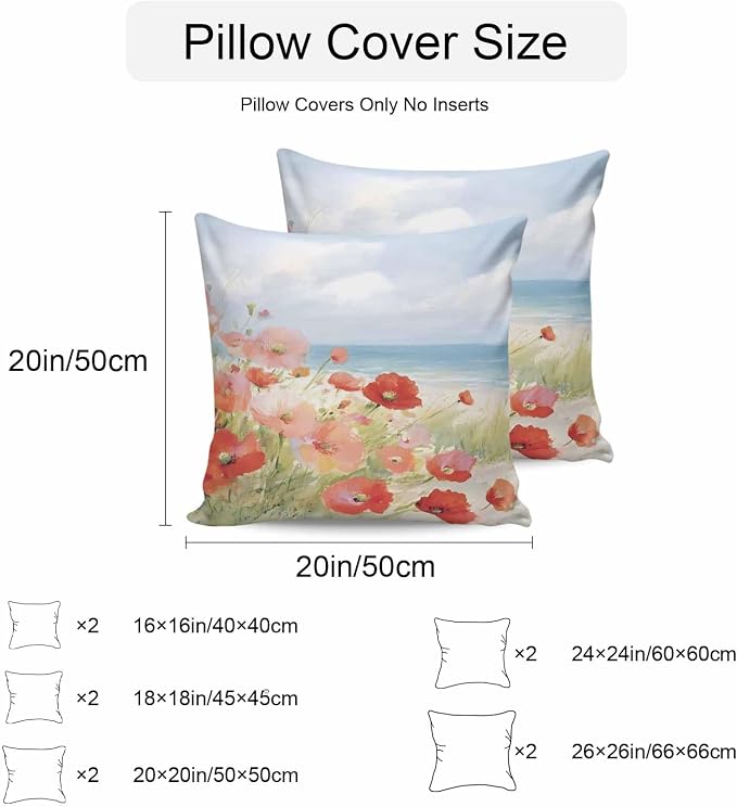 Spring Red Pink Floral Outdoor Pillow Covers 24x24 Inch Throw Pillow Covers Set of 2 Waterproof Decorative Pillow Cases Summer Coastal Beach Wave Ocean Blue Cushion Covers for Patio Furniture Garden