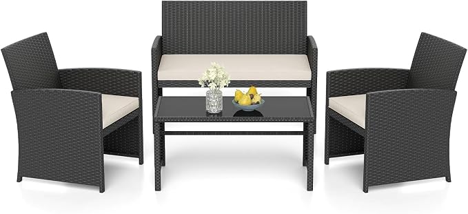 RELAX4LIFE 4-Piece Patio Furniture Set - Wicker Rattan Outdoor Sectional Sofa Set w/Glass Coffee Table, Loveseat, 2 Chairs & Soft Cushions, Bistro Conversation for Garden Porch (1, Black-White)