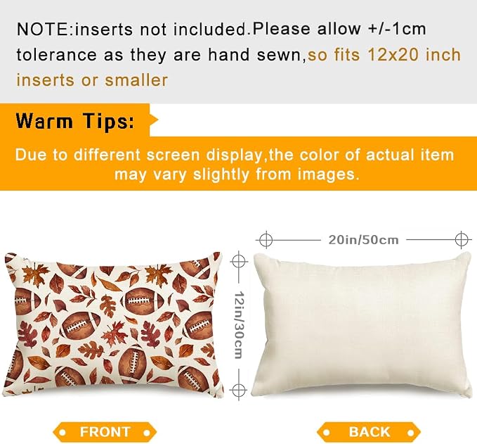 RABUSOFA Fall Football Outdoor Pillow Covers 12x20 Waterproof,Maple Leaves Autumn Lumbar Cushion Case Decoration for Home Sofa Couch Indoor (Brown, 20" x 12")