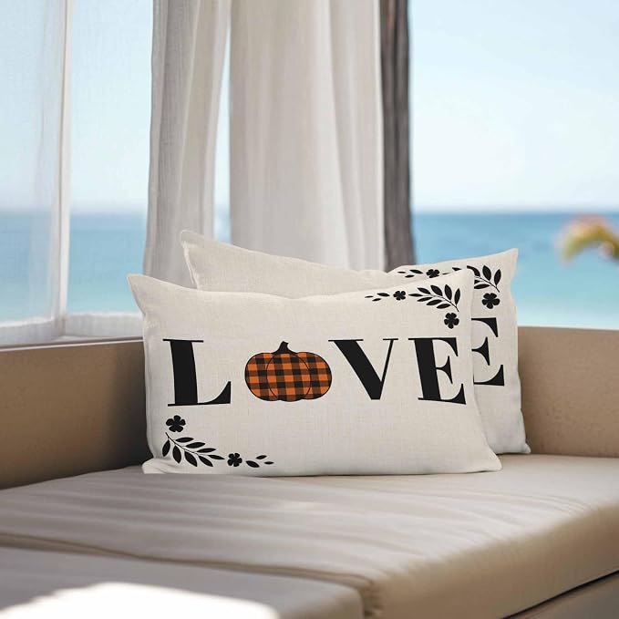 Orange Pumpkin Outdoor Waterproof Pillow Covers, Fall Leaves Love Heart Beige Pastoral Decorative Rectangle Throw Pillowcase Sofa Cushion Sham for Patio/Couch/Chair, 20"x12" 2 Pack
