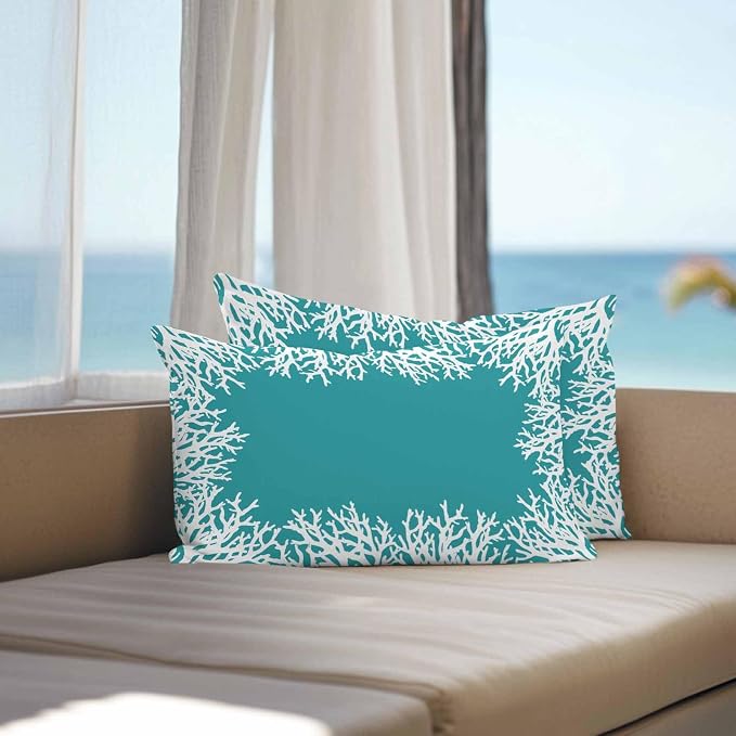 Vandarllin Outdoor Throw Pillows Covers 20x12 inch Set of 2 Waterproof Turquoise Coral Decorative Zippered Cushion Covers for Patio Furniture, Coastal Marine Life Lumbar Pillowcases