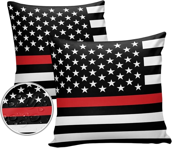 Outdoor Waterproof Pillow Covers Set of 2, Thin Red Line Flags American Firefighter Red Stripes Flag Patio Throw Pillow Covers, Decorative Cushion Case for Couch Sofa Furniture Garden, 26x26 Inch