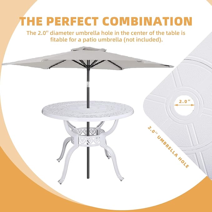 5 Piece Patio Dining Set, Outdoor Table and Chairs Set for 4 Cushioned Swivel Rocking Chairs and 38.5'' Round Table, All-Weather Cast Aluminum Patio Funiture Set, 2'' Umbrella Hole, White