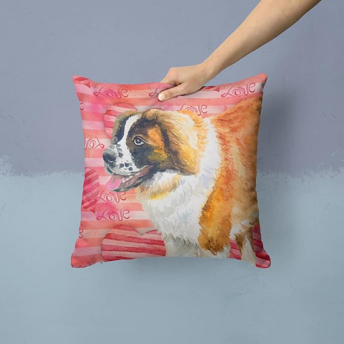 Caroline's Treasures BB9766PW1414 Saint Bernard Love Fabric Decorative Pillow, Red Machine Washable, Indoor Outdoor Decorative Pillow for Couch, Bed or Patio, 14Hx14W