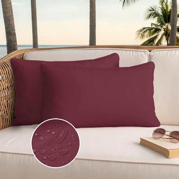 Lumbar Pillow Covers 20x12 Inch Set of 2, Red Solid Color Waterproof Outdoor Pillow Covers, Aesthetics Contemporary Luxury Decorative Cushion Pillowcases for Couch, Sofa, Bed, Garden, Patio